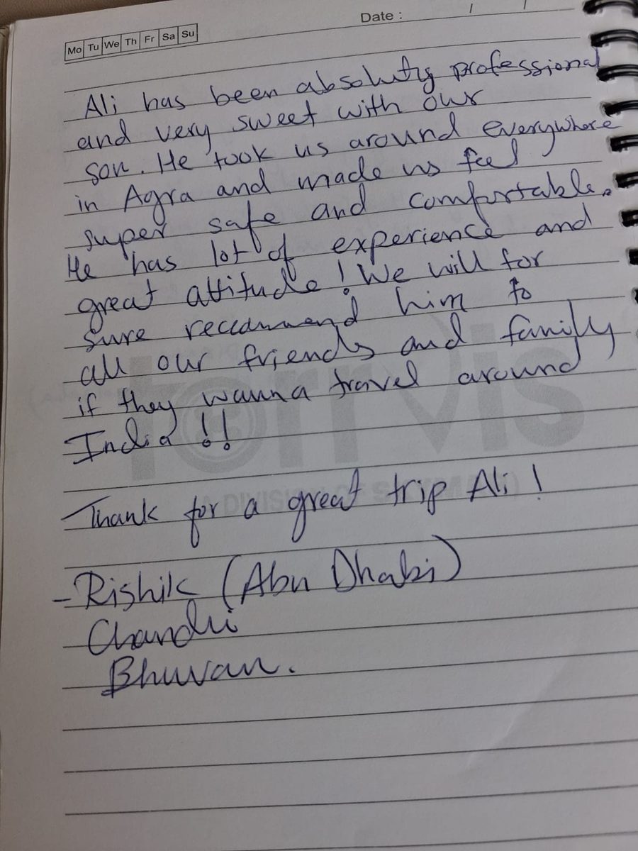 Handwritten review from Chandni, Rishik and Bhuvan, Abu Dhabi