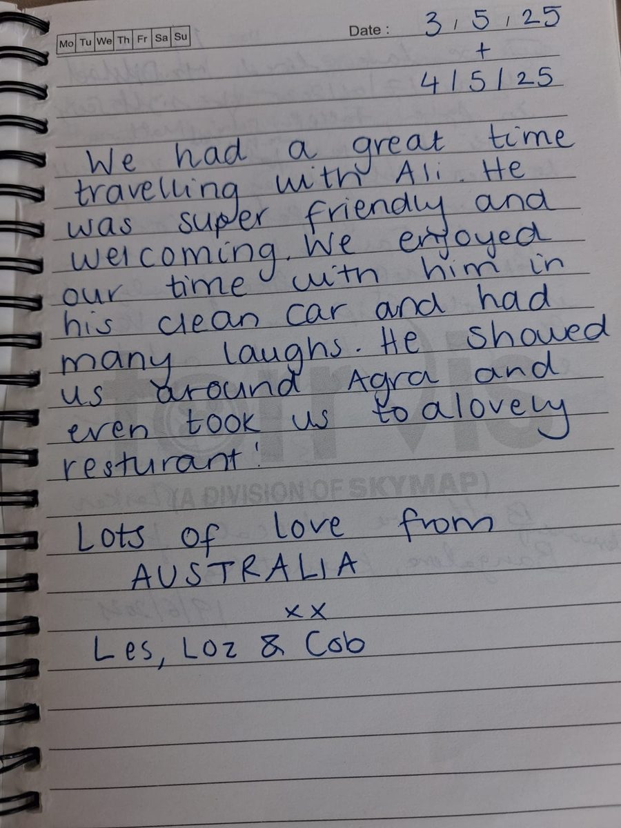 Handwritten review from Les, Loz and Cob, Australia