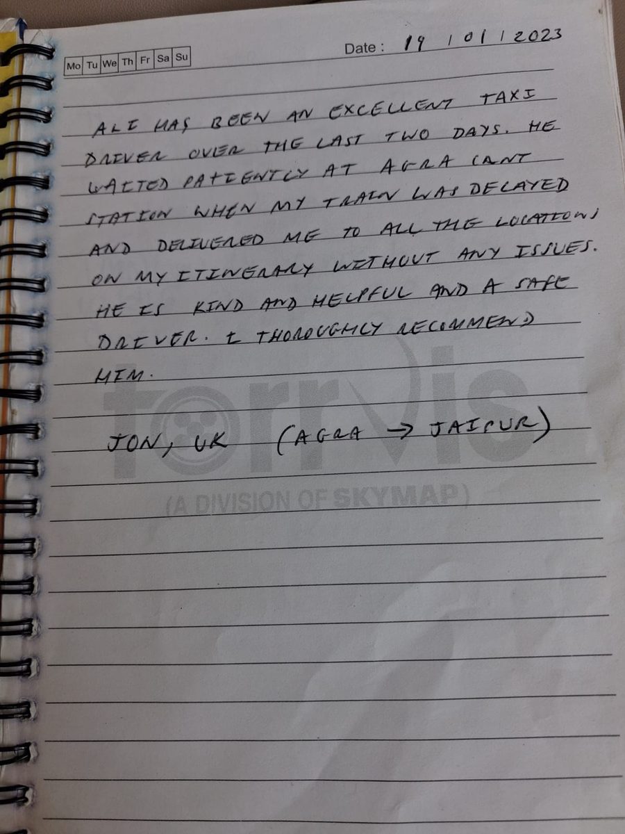 Handwritten review from Jon, UK, Agra to Jaipur